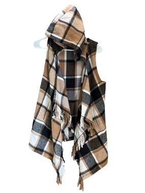 Altar’d State Brown Black Hooded Plaid Flannel Vest‎ Wool Blend Fringe Size S